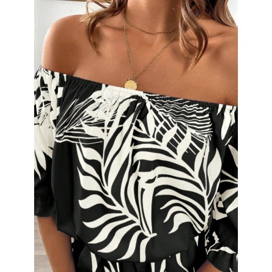 Kadın Omuzlardan Açık Madonna Yakalı Beli Kuşaklı Desenli Kısa Süprem Tulum, 31106