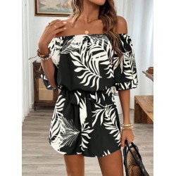 Kadın Omuzlardan Açık Madonna Yakalı Beli Kuşaklı Desenli Kısa Süprem Tulum, 31106