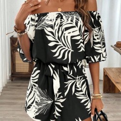 Kadın Omuzlardan Açık Madonna Yakalı Beli Kuşaklı Desenli Kısa Süprem Tulum, 31106