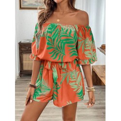 Kadın Omuzlardan Açık Madonna Yakalı Beli Kuşaklı Desenli Kısa Süprem Tulum, 31105 Kadın Omuzlardan Açık Madonna Yakalı Beli Kuşaklı Desenli Kısa Süprem Tulum, 31105