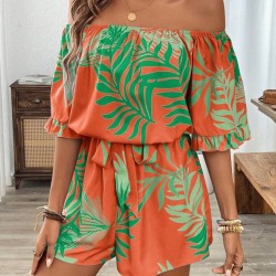 Kadın Omuzlardan Açık Madonna Yakalı Beli Kuşaklı Desenli Kısa Süprem Tulum, 31105 Kadın Omuzlardan Açık Madonna Yakalı Beli Kuşaklı Desenli Kısa Süprem Tulum, 31105