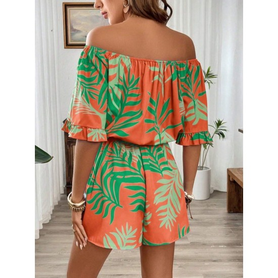 Kadın Omuzlardan Açık Madonna Yakalı Beli Kuşaklı Desenli Kısa Süprem Tulum, 31105