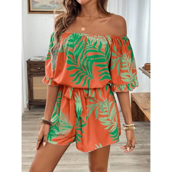 Kadın Omuzlardan Açık Madonna Yakalı Beli Kuşaklı Desenli Kısa Süprem Tulum, 31105