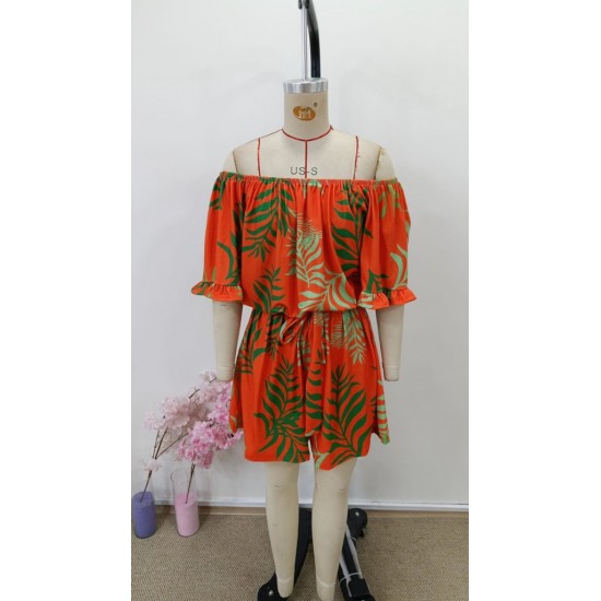 Kadın Omuzlardan Açık Madonna Yakalı Beli Kuşaklı Desenli Kısa Süprem Tulum, 31105