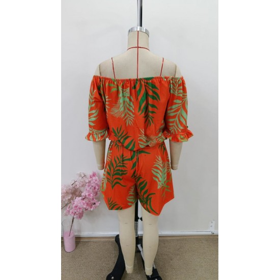 Kadın Omuzlardan Açık Madonna Yakalı Beli Kuşaklı Desenli Kısa Süprem Tulum, 31105