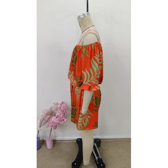 Kadın Omuzlardan Açık Madonna Yakalı Beli Kuşaklı Desenli Kısa Süprem Tulum, 31105