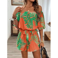 Kadın Omuzlardan Açık Madonna Yakalı Beli Kuşaklı Desenli Kısa Süprem Tulum, 31105