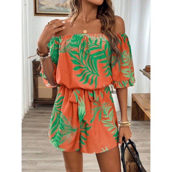 Kadın Omuzlardan Açık Madonna Yakalı Beli Kuşaklı Desenli Kısa Süprem Tulum, 31105