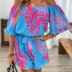 Kadın Omuzlardan Açık Madonna Yakalı Beli Kuşaklı Desenli Kısa Süprem Tulum, 31103 Kadın Omuzlardan Açık Madonna Yakalı Beli Kuşaklı Desenli Kısa Süprem Tulum, 31103