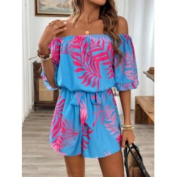 Kadın Omuzlardan Açık Madonna Yakalı Beli Kuşaklı Desenli Kısa Süprem Tulum, 31103