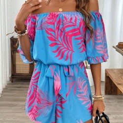 Kadın Omuzlardan Açık Madonna Yakalı Beli Kuşaklı Desenli Kısa Süprem Tulum, 31103