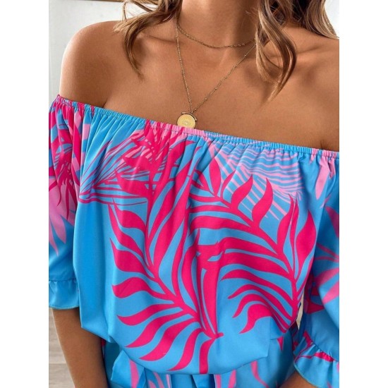 Kadın Omuzlardan Açık Madonna Yakalı Beli Kuşaklı Desenli Kısa Süprem Tulum, 31103