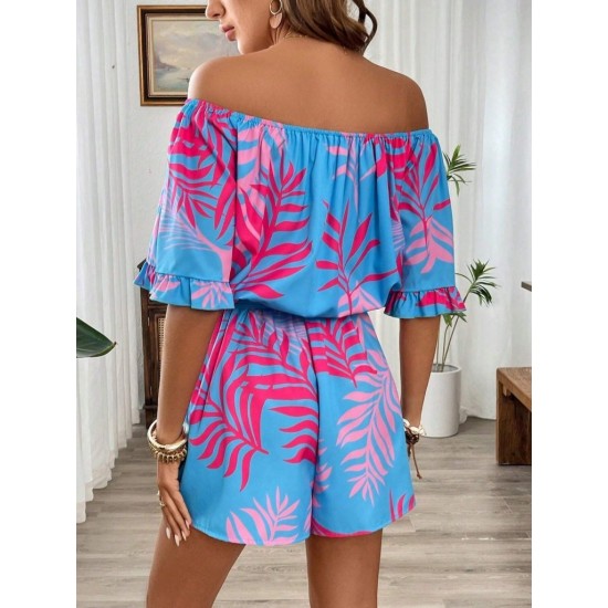 Kadın Omuzlardan Açık Madonna Yakalı Beli Kuşaklı Desenli Kısa Süprem Tulum, 31103