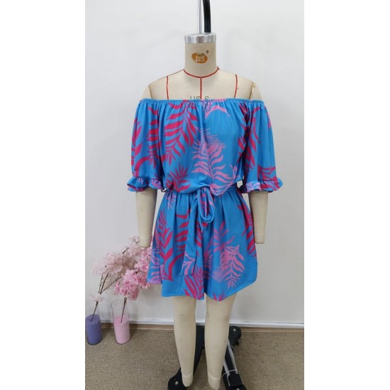 Kadın Omuzlardan Açık Madonna Yakalı Beli Kuşaklı Desenli Kısa Süprem Tulum, 31103