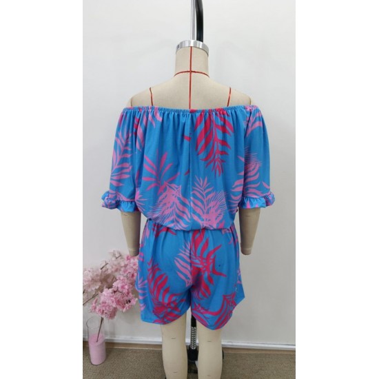 Kadın Omuzlardan Açık Madonna Yakalı Beli Kuşaklı Desenli Kısa Süprem Tulum, 31103