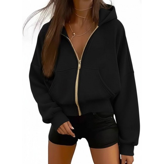 Kadın Uzun Kollu Kapşonlu Fermuarlı önden Cep Detaylı şardonlu Iki Iplik Ceket, 31102