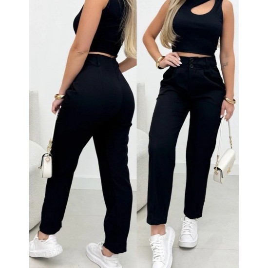 Kadın Yüksek Bel Cepli Paça Ağzı Pile Detaylı Ithal Krep Pantolon , 31101