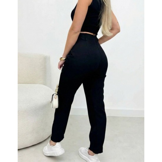 Kadın Yüksek Bel Cepli Paça Ağzı Pile Detaylı Ithal Krep Pantolon , 31101