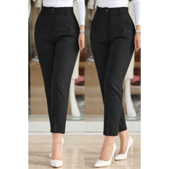 Kadın Yüksek Bel Cepli Paça Ağzı Pile Detaylı Ithal Krep Pantolon , 31101