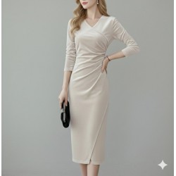 Kadın Uzun Kollu Kruvaze Yakalı Yandan Büzgülü önden çapraz Detaylı Midi Kadife Elbise , 31111