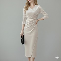 Kadın Uzun Kollu Kruvaze Yakalı Yandan Büzgülü önden çapraz Detaylı Midi Kadife Elbise , 31111