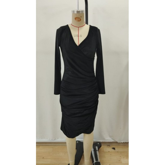 Kadın Uzun Kollu Kruvaze Yakalı Yandan Büzgülü önden çapraz Detaylı Midi Kadife Elbise , 31110