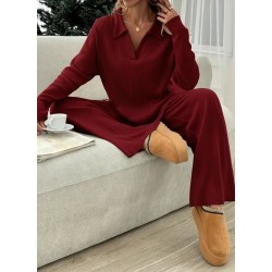 Kadın Uzun Kollu V Yakalı şardonlu Kaşkorse Bluz Ve Pantolon Ikili Takım , 31112