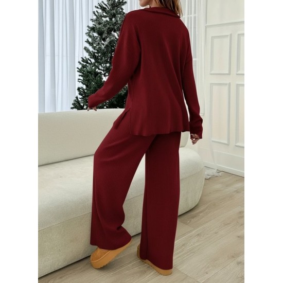 Kadın Uzun Kollu V Yakalı şardonlu Kaşkorse Bluz Ve Pantolon Ikili Takım , 31112