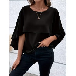 Kadın Kısa Kollu Yuvarlak Yakalı Geniş Kesimli Yarasa Kollu Sandy Bluz, 31116