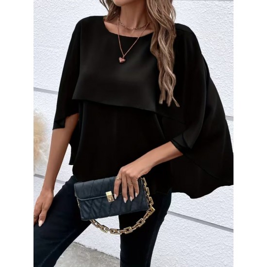 Kadın Kısa Kollu Yuvarlak Yakalı Geniş Kesimli Yarasa Kollu Sandy Bluz, 31116