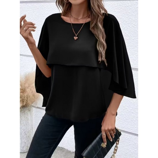 Kadın Kısa Kollu Yuvarlak Yakalı Geniş Kesimli Yarasa Kollu Sandy Bluz, 31116