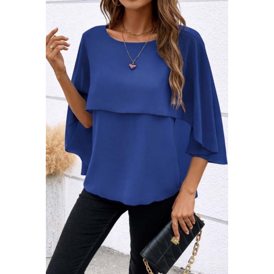 Kadın Kısa Kollu Yuvarlak Yakalı Geniş Kesimli Yarasa Kollu Sandy Bluz, 31115