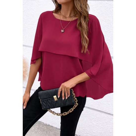 Kadın Kısa Kollu Yuvarlak Yakalı Geniş Kesimli Yarasa Kollu Sandy Bluz, 31114