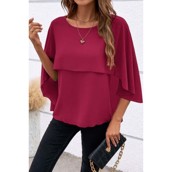 Kadın Kısa Kollu Yuvarlak Yakalı Geniş Kesimli Yarasa Kollu Sandy Bluz, 31114