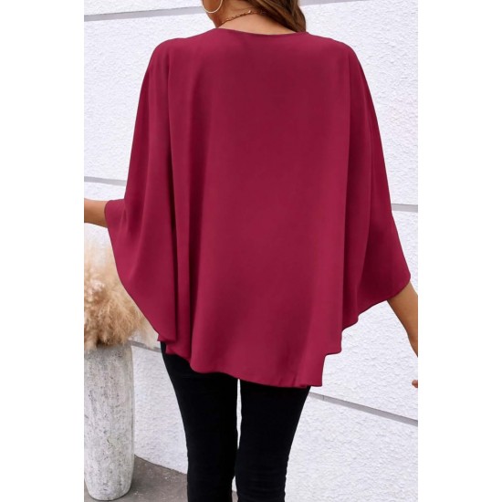 Kadın Kısa Kollu Yuvarlak Yakalı Geniş Kesimli Yarasa Kollu Sandy Bluz, 31114