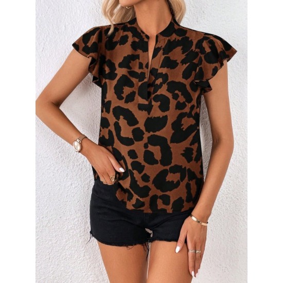 Kadın Kısa Fırfır Kollu V Yakalı Leopar Desenli Süprem Bluz, 31118