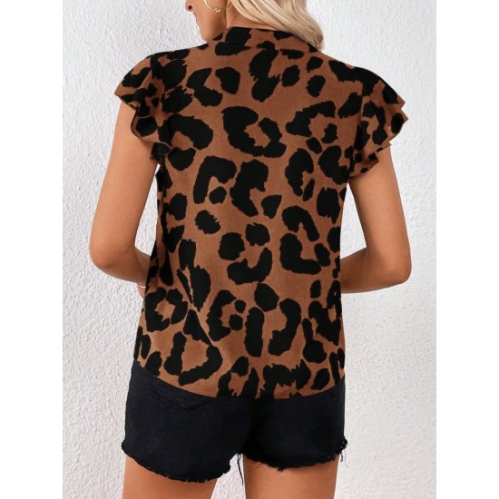 Kadın Kısa Fırfır Kollu V Yakalı Leopar Desenli Süprem Bluz, 31118
