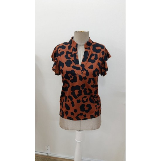 Kadın Kısa Fırfır Kollu V Yakalı Leopar Desenli Süprem Bluz, 31118