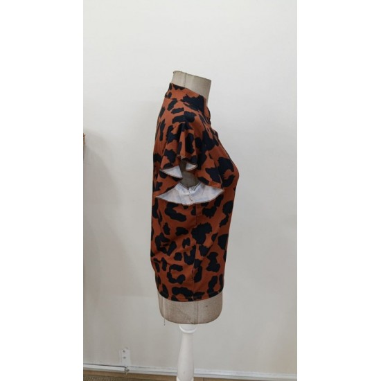 Kadın Kısa Fırfır Kollu V Yakalı Leopar Desenli Süprem Bluz, 31118