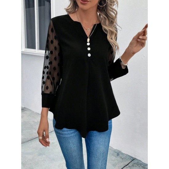 Kadın Uzun Kollu Yakadan Düğmeli Kolları Tül Detaylı Viskon Bluz, 31117