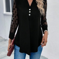 Kadın Uzun Kollu Yakadan Düğmeli Kolları Tül Detaylı Viskon Bluz, 31117