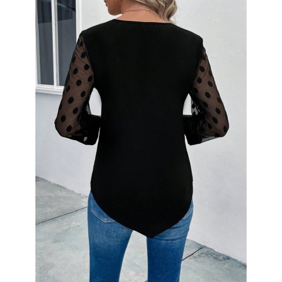 Kadın Uzun Kollu Yakadan Düğmeli Kolları Tül Detaylı Viskon Bluz, 31117