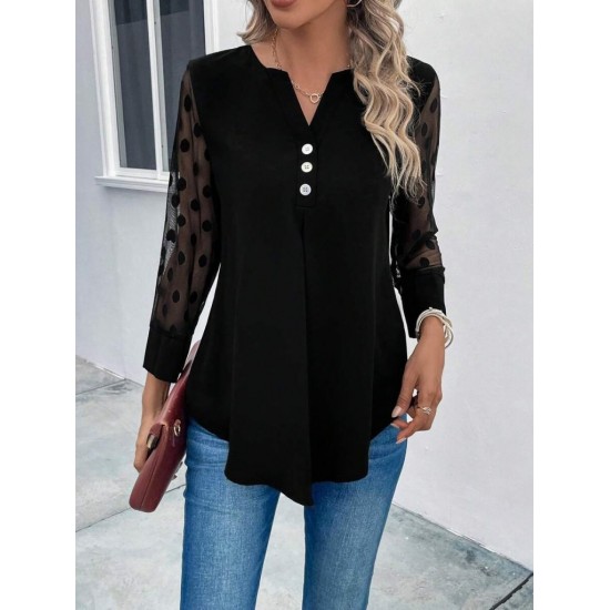 Kadın Uzun Kollu Yakadan Düğmeli Kolları Tül Detaylı Viskon Bluz, 31117