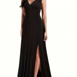 Kadın Askılı Kruvaze Yakalı Yırtmaçlı Geniş A Kesim Detaylı Uzun Ithal Krep Elbise , 31129