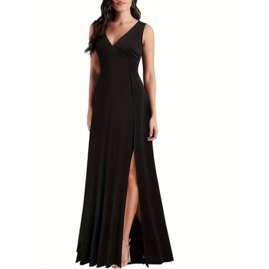 Kadın Askılı Kruvaze Yakalı Yırtmaçlı Geniş A Kesim Detaylı Uzun Ithal Krep Elbise , 31129