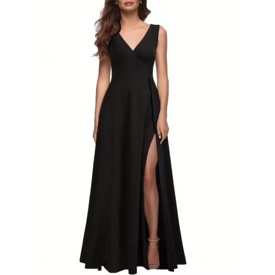 Kadın Askılı Kruvaze Yakalı Yırtmaçlı Geniş A Kesim Detaylı Uzun Ithal Krep Elbise , 31129