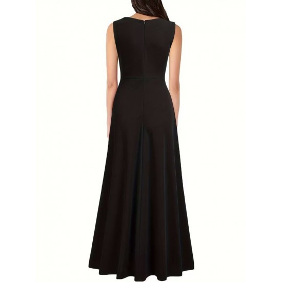 Kadın Askılı Kruvaze Yakalı Yırtmaçlı Geniş A Kesim Detaylı Uzun Ithal Krep Elbise , 31129