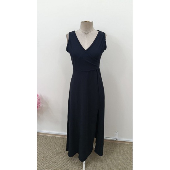 Kadın Askılı Kruvaze Yakalı Yırtmaçlı Geniş A Kesim Detaylı Uzun Ithal Krep Elbise , 31129