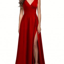 Kadın Askılı Kruvaze Yakalı Yırtmaçlı Geniş A Kesim Detaylı Uzun Ithal Krep Elbise , 31128