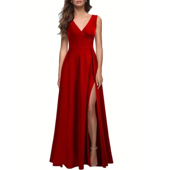 Kadın Askılı Kruvaze Yakalı Yırtmaçlı Geniş A Kesim Detaylı Uzun Ithal Krep Elbise , 31128